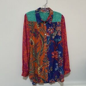 SOFT  SURROUNDINGS Womens Medium Floral Embroidered Boho Button Up Top Tunic